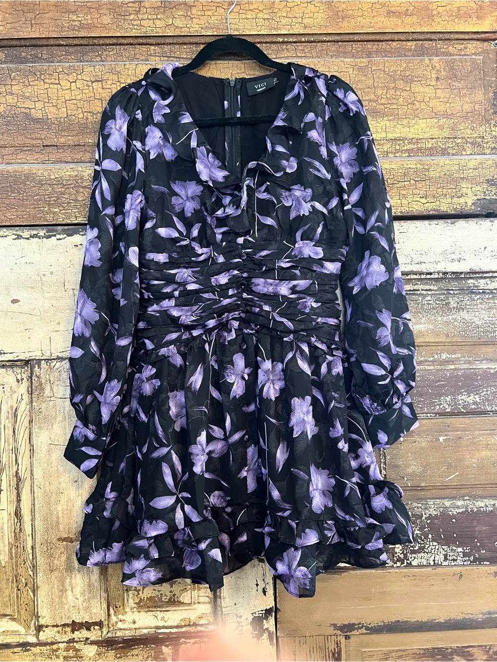 Vici Black Dress with Lavender Floral Print and Ruffle Detail